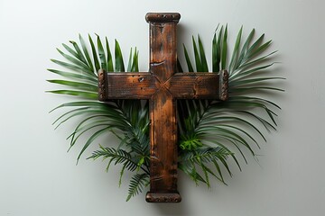 Palm Sunday. Wooden christian cross with palm leaf on white wall background