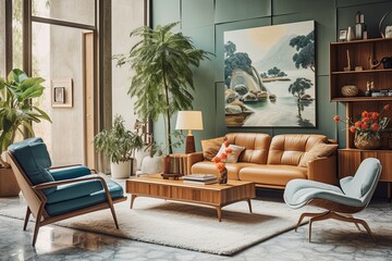 Mid-Century Bamboo Furniture Living Room Inspiration with Bamboo Armchairs, Wooden Coffee Table, and Vintage Poster Wall Art