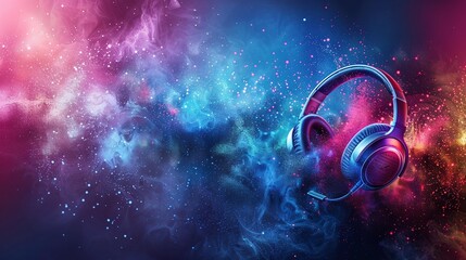 abstract headset headphones on colorful dust background, world music day banner. musical instruments design for event celebration - obrazy, fototapety, plakaty