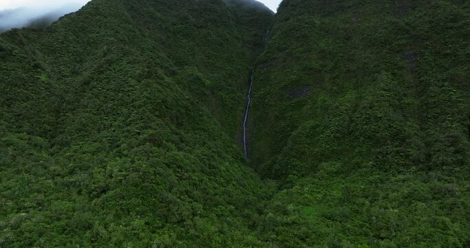 Biberon waterfall aerial view in Reunion island by drone