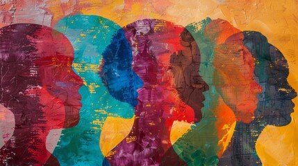 Vibrant silhouettes: colorful profiles of a group of people with painted head