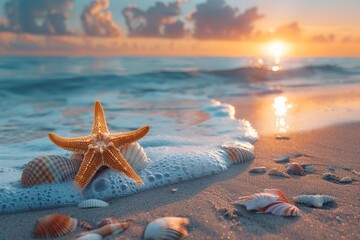 The sun setting over gentle waves with a horseshoe crab shell as the focus, evoking both the end of a day and the timelessness of ocean life
