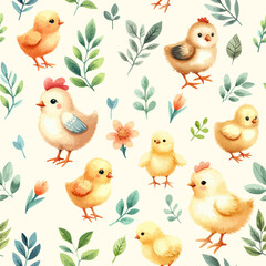 Watercolor Seamless pattern with cute roosters, chickens, hens and leaves on white background.