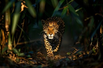 Jaguar Emerging from Shadows in Forest