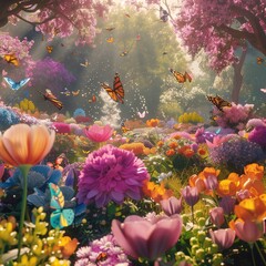 A vibrant garden bursting with colorful blooms, where a family indulges in a playful game of tag amidst the blossoms and butterflies