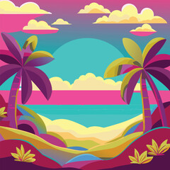 Fototapeta na wymiar Vector Illustration of Ocean view with palm threes and clouds