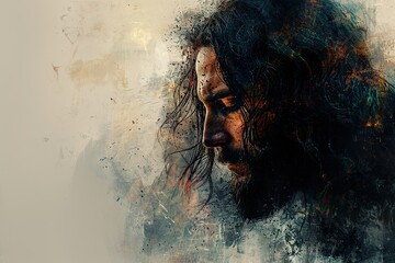 Portrait of Jesus Christ on abstract grunge background. Digital painting - obrazy, fototapety, plakaty