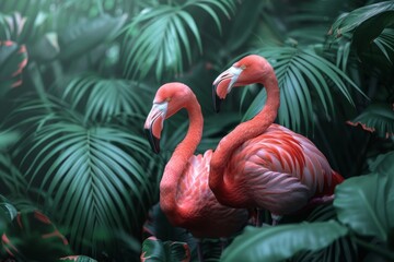 Two Flamingos Amidst Lush Greenery - Powered by Adobe