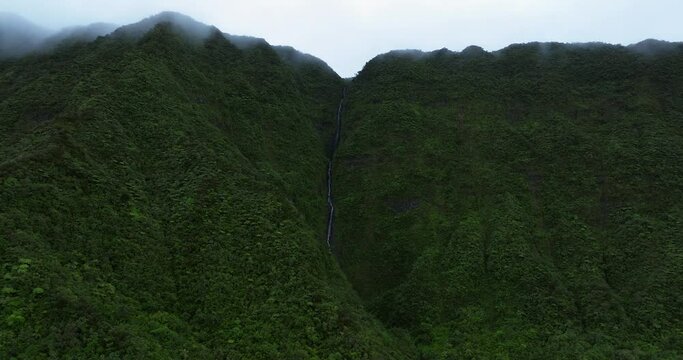 Biberon waterfall aerial view in Reunion island by drone