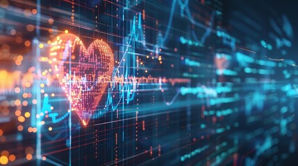 heartbeat line converted into digital AI code, AI's role in real-time patient monitoring and advanced cardiac care - obrazy, fototapety, plakaty