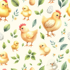 Watercolor Seamless pattern with cute roosters, chickens, hens and leaves on white background.