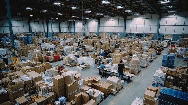 Busy hardware store workers shipping goods in global warehouse for export business