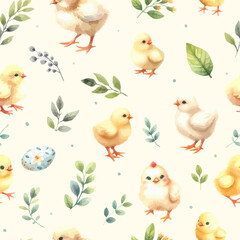 Watercolor Seamless pattern with cute roosters, chickens, hens and leaves on white background.