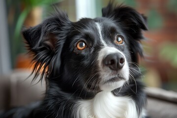 Close-up of a black and white dog with striking amber eyes, showcasing its lush fur and intense gaze