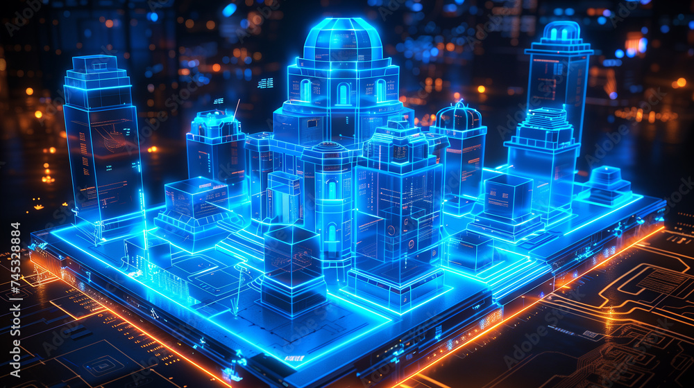 Aufkleber innovative design concept: holographic projection displaying blueprint for cutting-edge structure