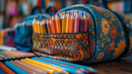 Set of colored pencils and a backpack on the table in a classroom