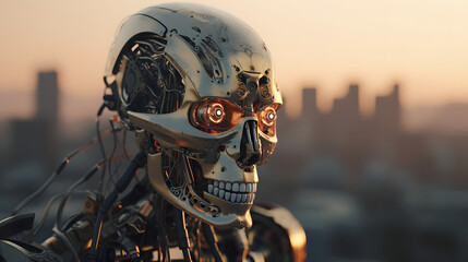 robot in front of sunset with the city behind it - obrazy, fototapety, plakaty