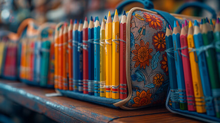 Set of colored pencils and a backpack on the table in a classroom