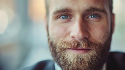 confident boss man with beard smiling at camera in close up portrait - obrazy, fototapety, plakaty