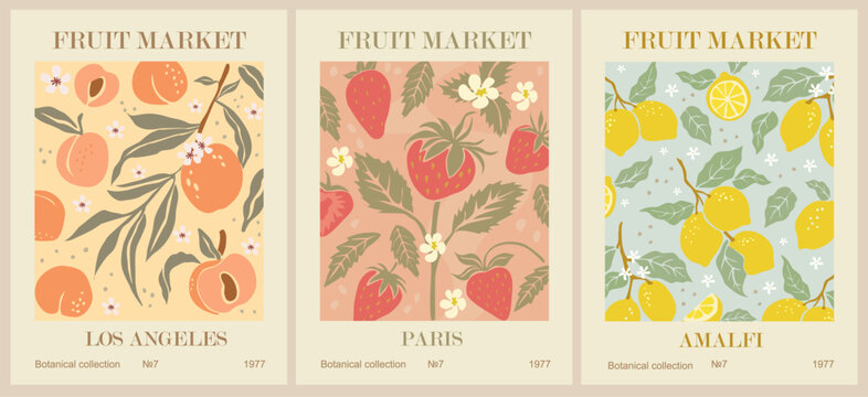 Set of Abstract Fruit Market retro posters. Trendy contemporary wall arts with fruit design in danish pastel colors. Modern naive groovy funky interior decorations, paintings. Vector illustrations.
