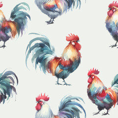 Seamless watercolor pattern with roosters. © ku4erashka