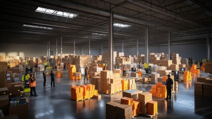 Busy hardware store employees in warehouse shipping and preparing goods for freight