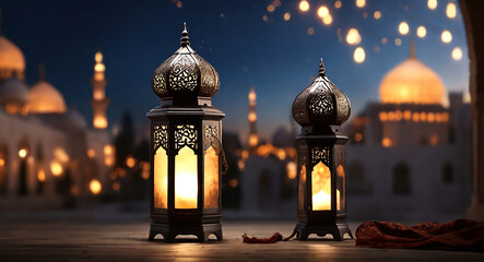 Ramadan islamic lanterns with night bokeh light with a blurred mosque ramadan HD background