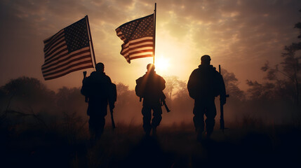 silhouette portrait of american flag waving men