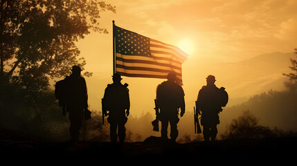 silhouette portrait of american flag waving men