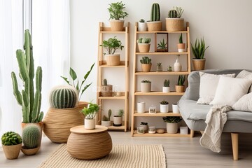 Cactus and Succulent Nordic Oasis: Wooden Shelving, Coffee Table, and Rug Harmony