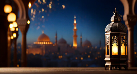 Fototapeta na wymiar Ramadan islamic lanterns with night bokeh light with a blurred mosque ramadan HD background