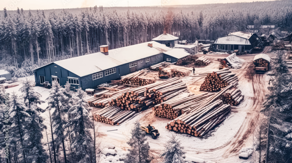 Poster felled trees neatly stacked and stored, awaiting processing for various industries, highlighting the