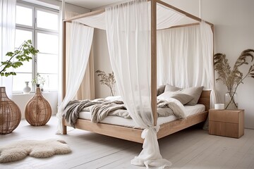 Modern Scandinavian Canopy Bed Bedroom: Cozy Textile Ambiance with Wooden Furniture