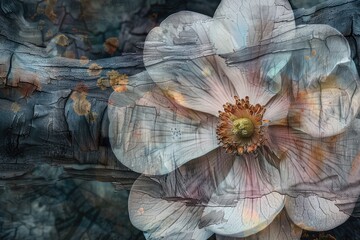 A close-up of a flower superimposed with the texture of tree bark in a double exposure