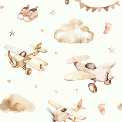 Rideaux Watercolor seamless pattern with wood newborn baby toys airplane.