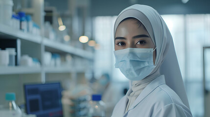 hijabi girl working at laboratory 