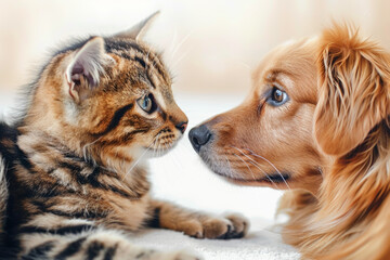 A cute kitten and puppy are facing each other and looking at each other. Concept for friendship and good friends.