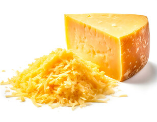 Cheddar käse gerieben und im Stück isoliert auf weißen Hintergrund, Freisteller 
