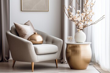 Golden Vase Elegance: Chic Living Room with Modern Decor and Cozy Armchair