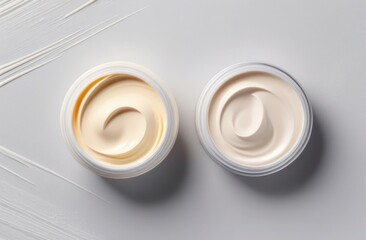 Two cosmetic cream container isolated on light grey background from top view