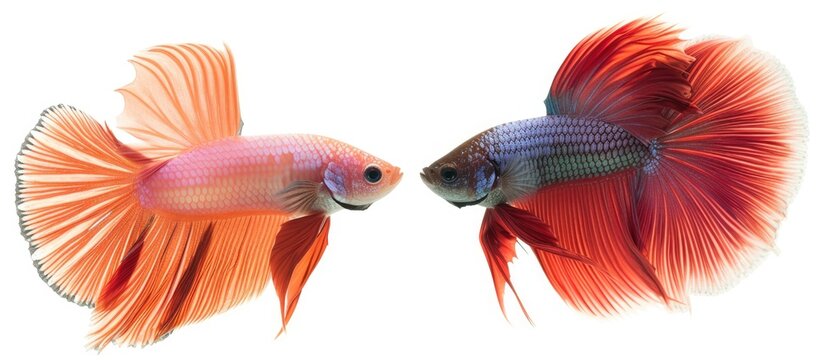 This picture showcases two Siamese fighting fish, one a Rosetail and the other a Halfmoon Betta splendens, positioned to face each other against a plain white background.
