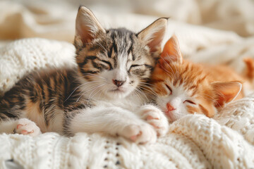 Obraz na płótnie Canvas Two kittens sleep on silk sheets. Concept for sleep.
