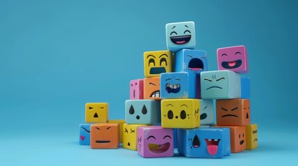 cubist emotions: diverse expressions on blue background - empathy and emotional intelligence concept