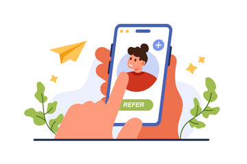 Referral program service. Hand holding phone to touch Refer button, add and invite woman to loyalty program, portrait of girl from social media profile or user account cartoon vector illustration