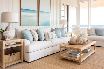 Seaside Serenity: Bamboo Furniture Living Room With White Sofa & Rattan Rug