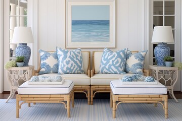 Sea-Blue Decor: Coastal Freshness with Bamboo Furniture Living Room Ideas & Bamboo Stools Infused with Seaside Breeze