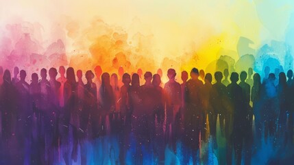 Vibrant multicultural society: silhouettes of diverse people in watercolor style concert performance against rainbow spectrum background