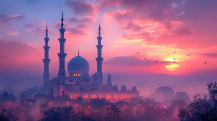 Illuminated Crescent Moon and Mosque in Stunning 3D Render, Symbolizing Islamic Faith and Spiritual Serenity