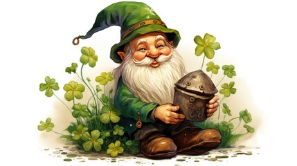 illustration of an Irish gnome holding a clover for good luck. St.Patrick 's Day