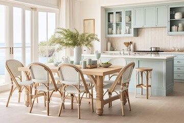 Fototapeta na wymiar Beachy Breezes: Coastal Pastel Paradise with Rattan Chairs in a Serene Kitchen Space